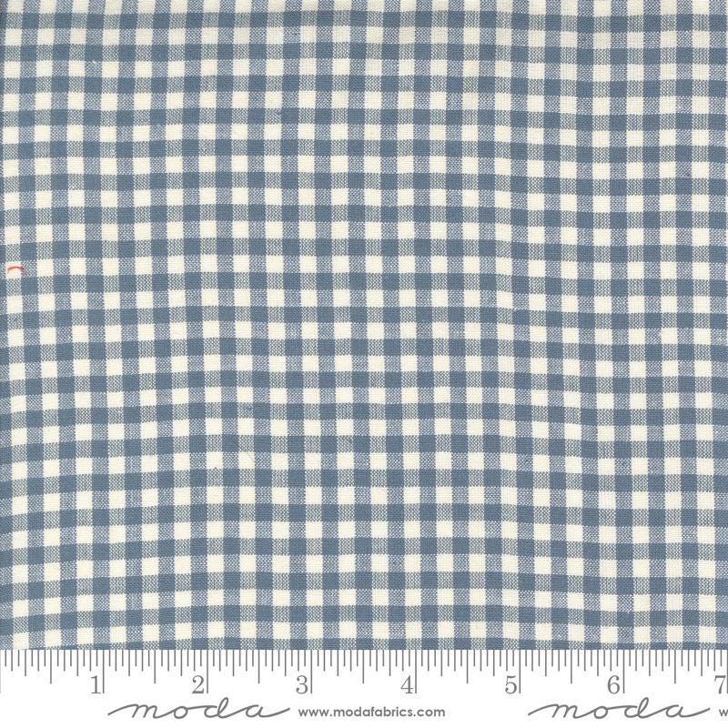 Image of the Woven Ginghams Woad Pearl quilting cotton fabric by French General for Moda Fabrics. Features printed gingham on a blue background. 
Cute Little Fabric Shop