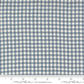 Image of the Woven Ginghams Woad Pearl quilting cotton fabric by French General for Moda Fabrics. Features printed gingham on a blue background. 
Cute Little Fabric Shop
