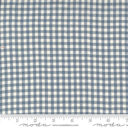 Image of the Woven Ginghams Woad Pearl quilting cotton fabric by French General for Moda Fabrics. Features printed gingham on a blue background. 
Cute Little Fabric Shop
