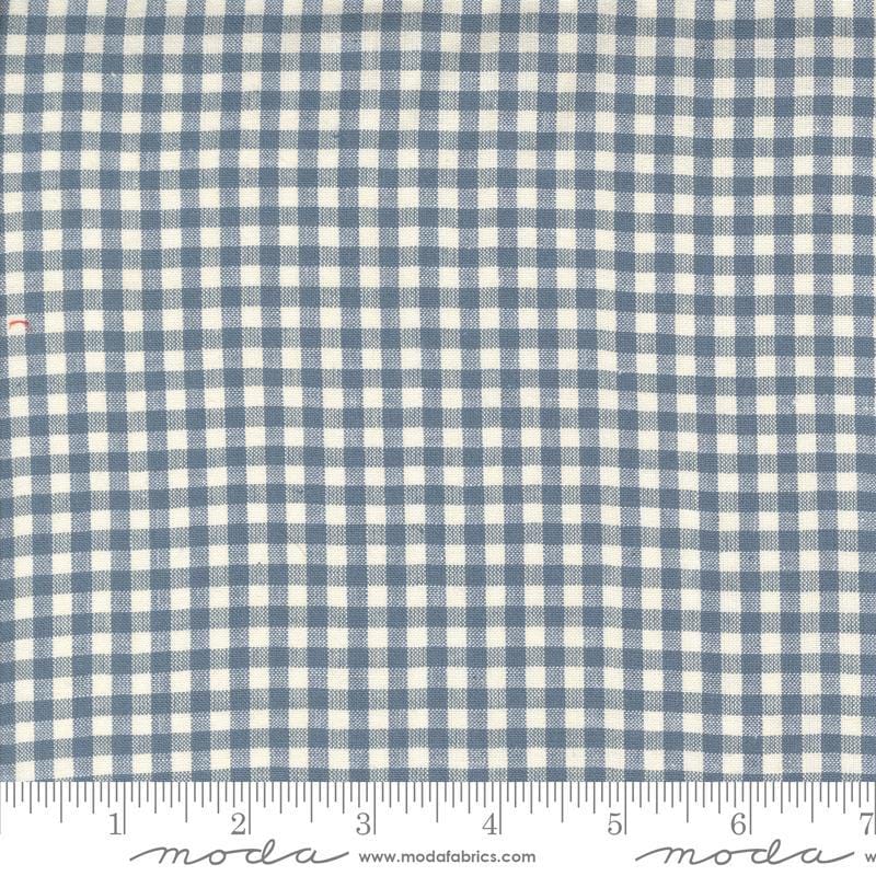 Image of the Woven Ginghams Woad Pearl quilting cotton fabric by French General for Moda Fabrics. Features printed gingham on a blue background. 
Cute Little Fabric Shop
