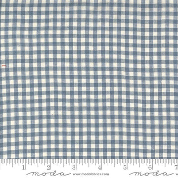 Image of the Woven Ginghams Woad Pearl quilting cotton fabric by French General for Moda Fabrics. Features printed gingham on a blue background. 
Cute Little Fabric Shop