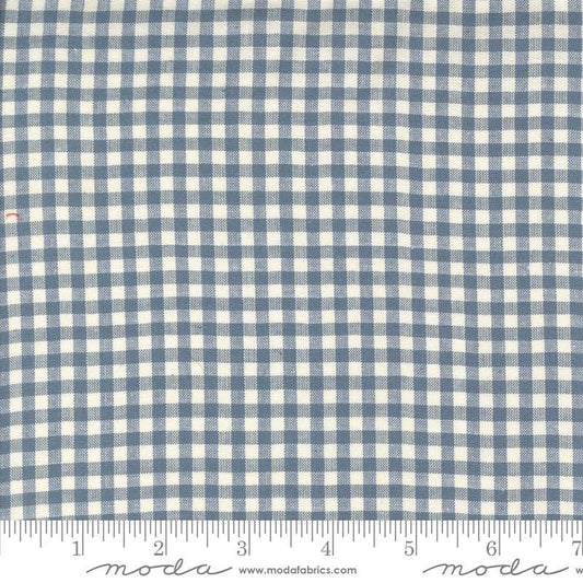 Image of the Woven Ginghams Woad Pearl quilting cotton fabric by French General for Moda Fabrics. Features printed gingham on a blue background. 
Cute Little Fabric Shop