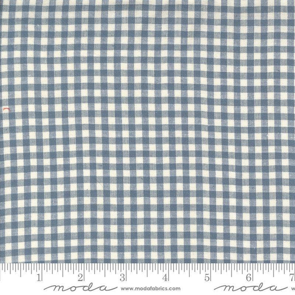 Image of the Woven Ginghams Woad Pearl quilting cotton fabric by French General for Moda Fabrics. Features printed gingham on a blue background. 
Cute Little Fabric Shop