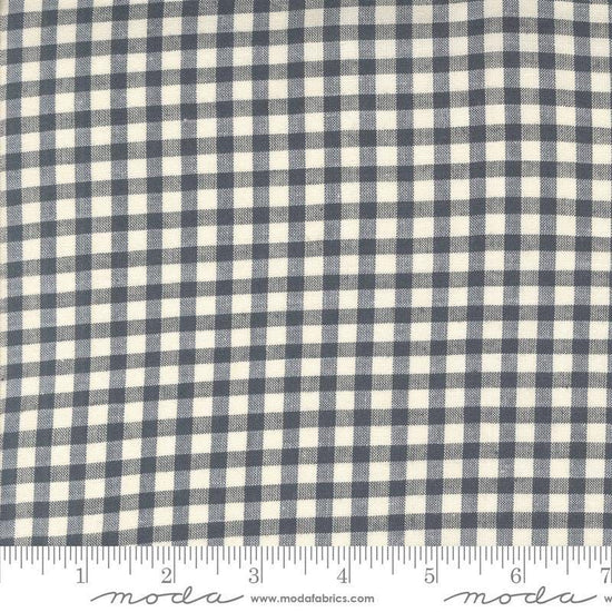 Image of the Woven Ginghams Indigo Pearl quilting cotton fabric by French General for Moda Fabrics. Features printed gingham on a blue gray background. 
Cute Little Fabric Shop