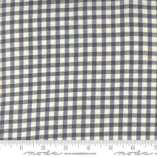 Image of the Woven Ginghams Indigo Pearl quilting cotton fabric by French General for Moda Fabrics. Features printed gingham on a blue gray background. 
Cute Little Fabric Shop