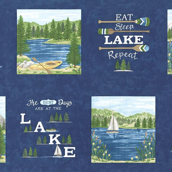 Image of the On Lake Time Deep Water Panel quilting cotton fabric by Deb Strain for Moda Fabrics. Features a lake and words. 
Cute Little Fabric Shop