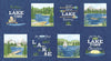 Image of the On Lake Time Deep Water Panel quilting cotton fabric by Deb Strain for Moda Fabrics. Features a lake and words. 
Cute Little Fabric Shop