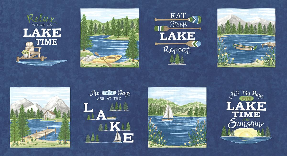 Image of the On Lake Time Deep Water Panel quilting cotton fabric by Deb Strain for Moda Fabrics. Features a lake and words. 
Cute Little Fabric Shop