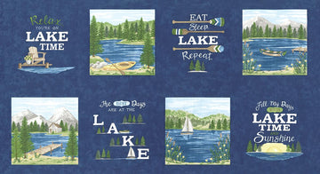Image of the On Lake Time Deep Water Panel quilting cotton fabric by Deb Strain for Moda Fabrics. Features a lake and words. 
Cute Little Fabric Shop