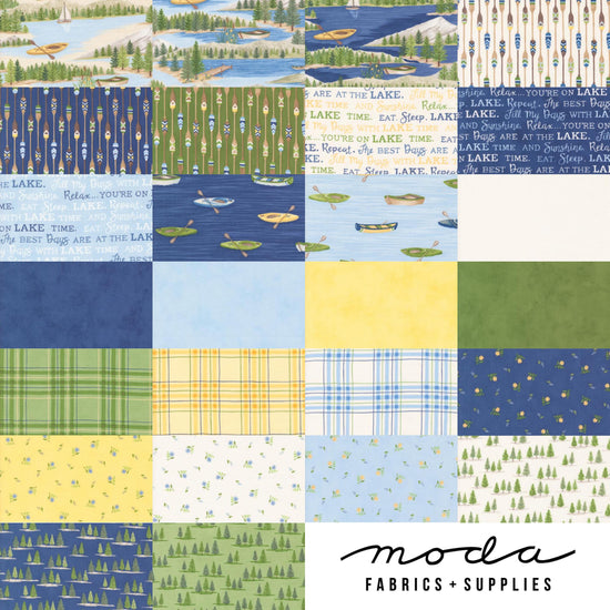 Image of the On Lake Time collage by Deb Strain for Moda Fabrics. Features lake themed fabrics. 
Cute Little Fabric Shop