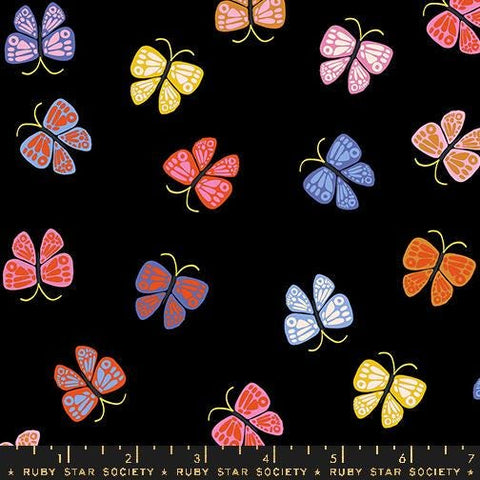 Image of the Ooh Lucky Lucky Luck Butterfly Black quilting cotton fabric by Ruby Star Society for Moda Fabrics. Features butterflies on a black background. Cute Little Fabric Shop