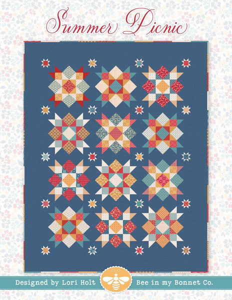 Image of the Summer Picnic quilt pattern by It&#39;s Sew Emma for Riley Blake Designs. Features a star block quilt.
Cute Little Fabric Shop