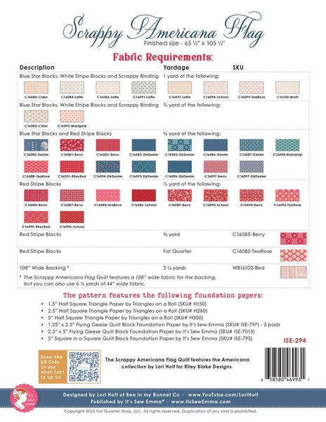 Image of the It&#39;s Sew Emma Scrappy Americana Flag Quilt Pattern by Riley Blake Designs. Features the fabric requirements. 
Cute Little Fabric Shop