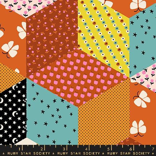 Image of the Ooh Lucky Lucky Blocks Caramel quilting cotton fabric by Ruby Star Society for Moda Fabrics. Features patchwork on a multicolored background. Cute Little Fabric Shop