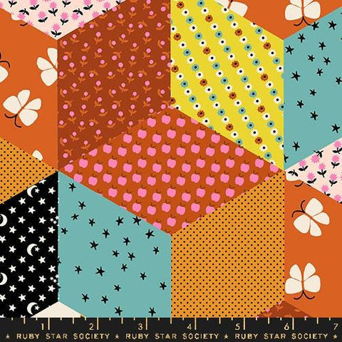 Image of the Ooh Lucky Lucky Blocks Caramel quilting cotton fabric by Ruby Star Society for Moda Fabrics. Features patchwork on a multicolored background. Cute Little Fabric Shop
