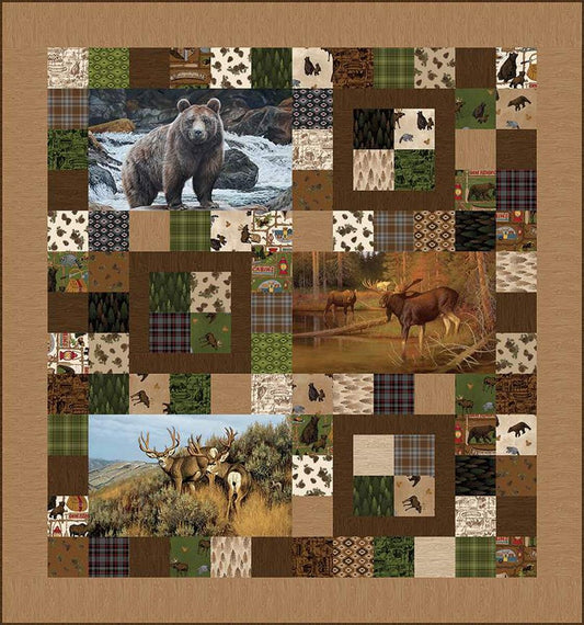 Image of the Majestic Animals Pillow Panel Quilt Kit by the RBD Designers for Riley Blake Designs. Features outdoor fabrics on a quilt. 
Cute Little Fabric Shop