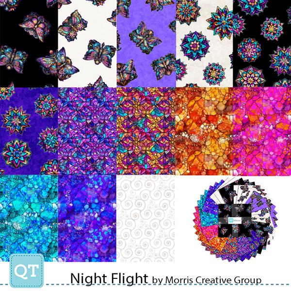 Image of the Night Flight 10 inch stacker by Morris Creative Group by QT Fabrics. Features bright colored fabrics. 
Cute Little Fabric Shop