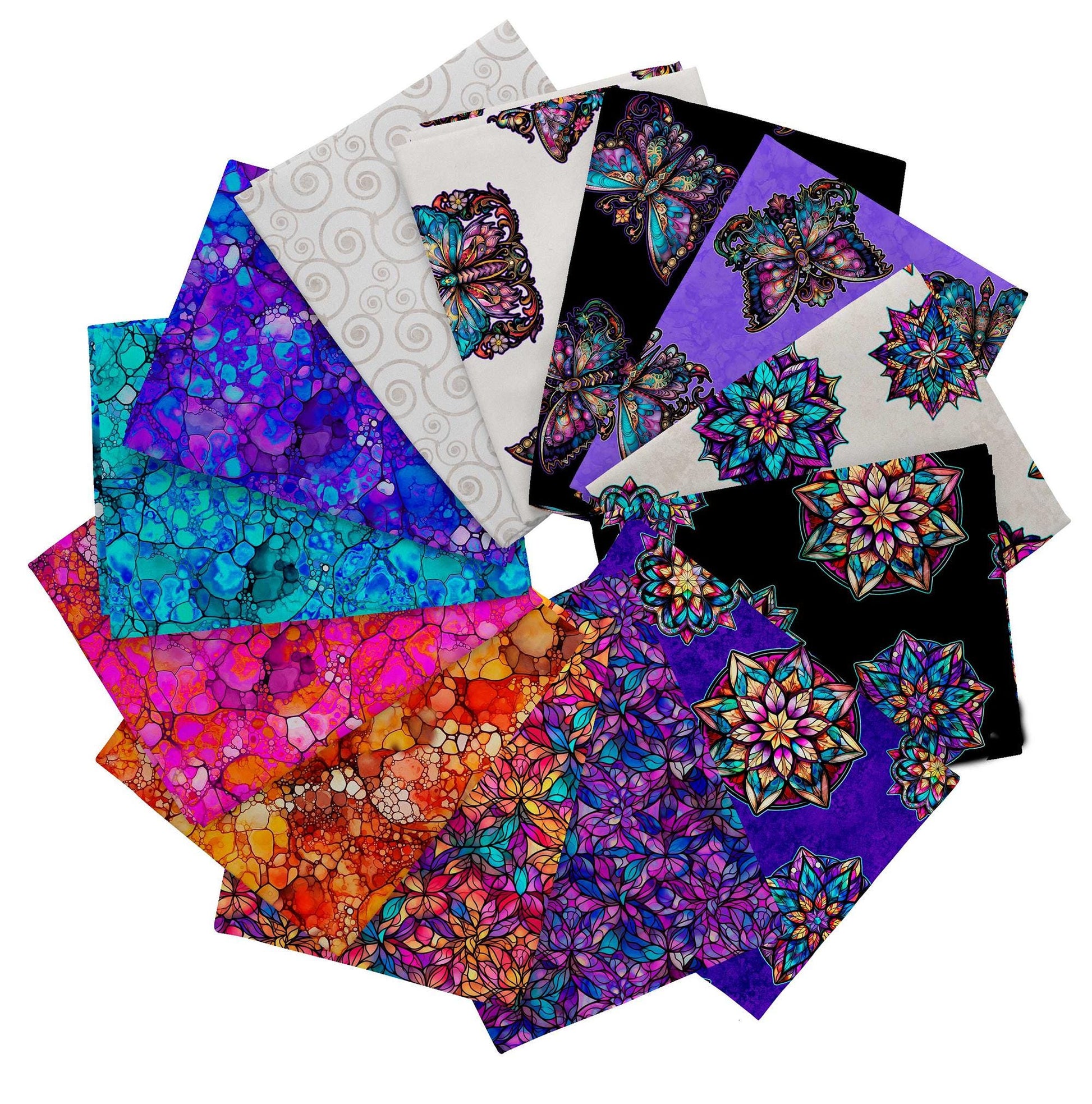 Image of the Night Night fat quarter bundle by QT Fabrics. Features bright colors and butterflies on many backgrounds. 
Cute Little Fabric Shop