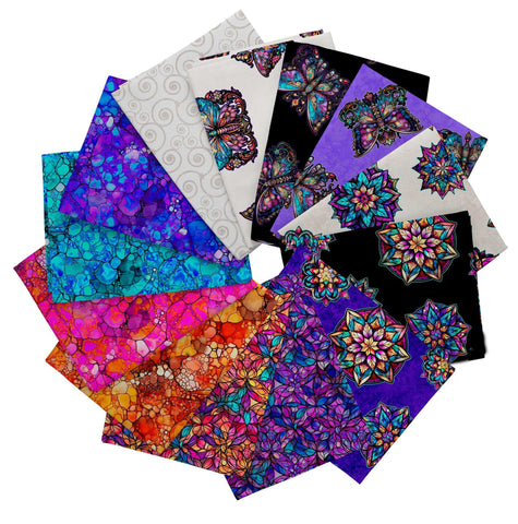Image of the Night Night fat quarter bundle by QT Fabrics. Features bright colors and butterflies on many backgrounds. 
Cute Little Fabric Shop
