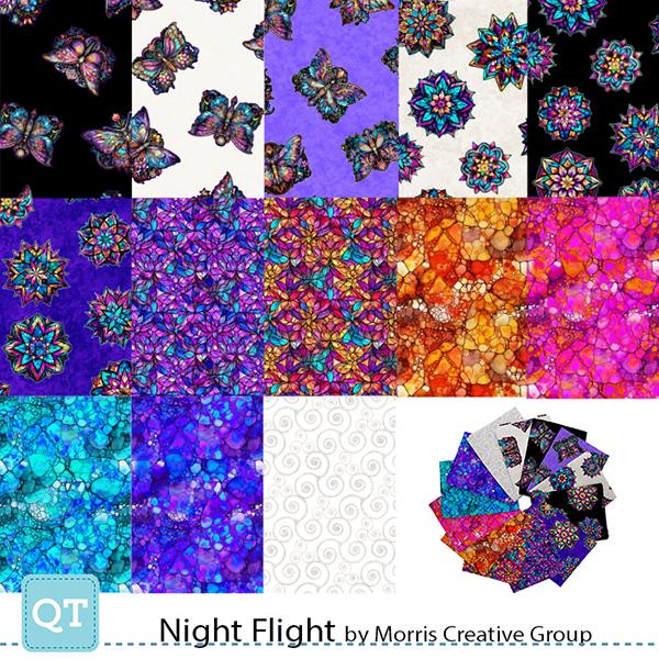 Image of the Night Night collage by QT Fabrics. Features bright colors and butterflies on many backgrounds. 
Cute Little Fabric Shop