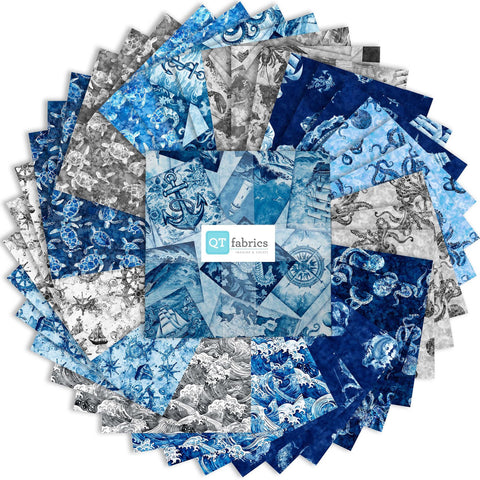 Image of the Ocean Blues 10 inch stacker by Morris Creative Group for QT Fabrics. Features water themed fabrics. 
Cute Little Fabric Shop
