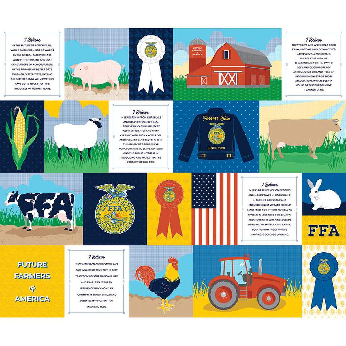 Image of the FFA Forever Blue 2 FFA Patchwork Panel quilting cotton fabric by Riley Blake Designs. Features a patchwork with the FFA creed and FFA-themed icons. Official Licensed Product 
Cute Little Fabric Shop