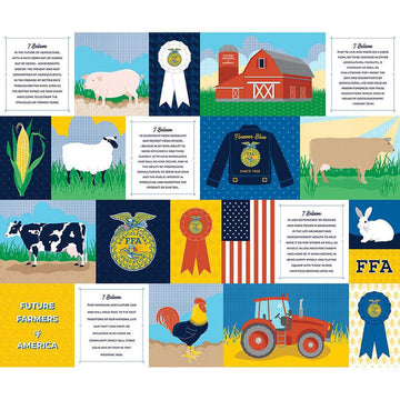 Image of the FFA Forever Blue 2 FFA Patchwork Panel quilting cotton fabric by Riley Blake Designs. Features a patchwork with the FFA creed and FFA-themed icons. Official Licensed Product 
Cute Little Fabric Shop