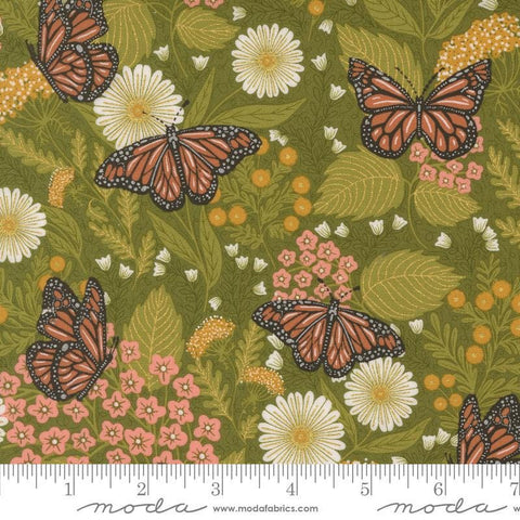 Image of the Bee Garden Metallic Butterfly Ivy quilting cotton fabric by Gingiber for Riley Blake Designs. Features butterflies on a green background. Cute Little Fabric Shop