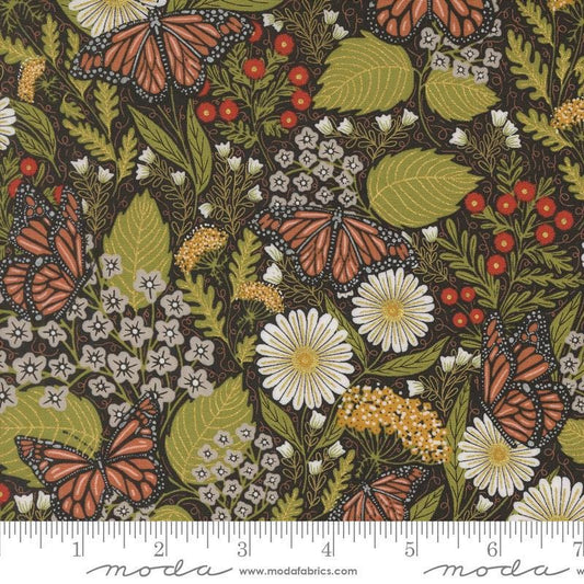 Image of the Bee Garden Metallic Butterfly Black quilting cotton fabric by Gingiber for Riley Blake Designs. Features butterflies on a black background. Cute Little Fabric Shop