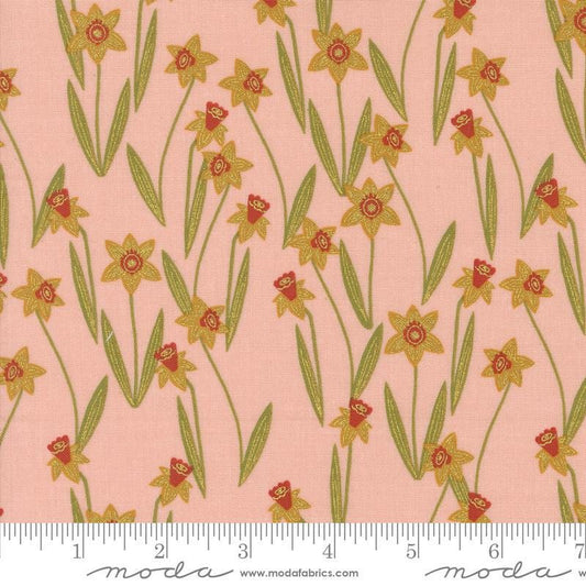 Image of the Bee Garden Metallic Daffodils Rose quilting cotton fabric by Gingiber for Riley Blake Designs. Features flowers on a pink background. Cute Little Fabric Shop