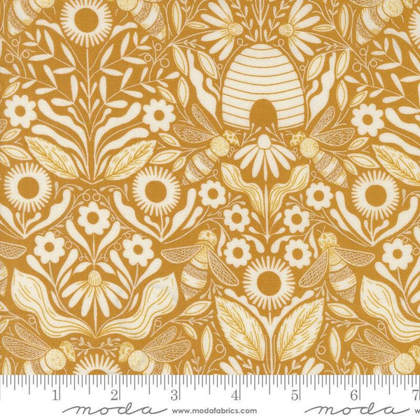 Image of the Bee Garden Beehive Beeswax quilting cotton fabric by Gingiber for Riley Blake Designs. Features flowers on a yellow background. Cute Little Fabric Shop