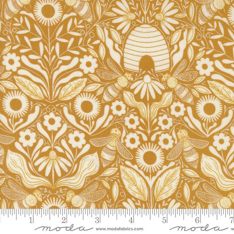 Image of the Bee Garden Beehive Beeswax quilting cotton fabric by Gingiber for Riley Blake Designs. Features flowers on a yellow background. Cute Little Fabric Shop