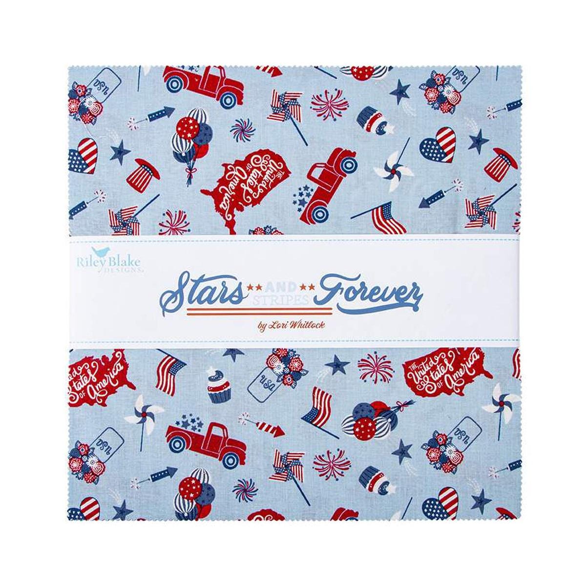 Image of the Stars and Stripes Forever 10 inch Stacker by Lori Whitlock for Riley Blake Designs. Features a patriotic themed precut. 
Cute Little Fabric Shop