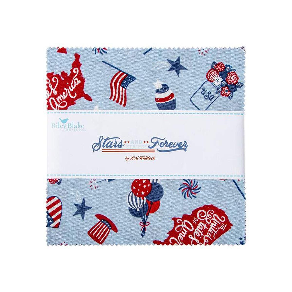 Image of the Stars and Stripes Forever 5 inch Stacker by Lori Whitlock for Riley Blake Designs. Features a patriotic themed precut. 
Cute Little Fabric Shop