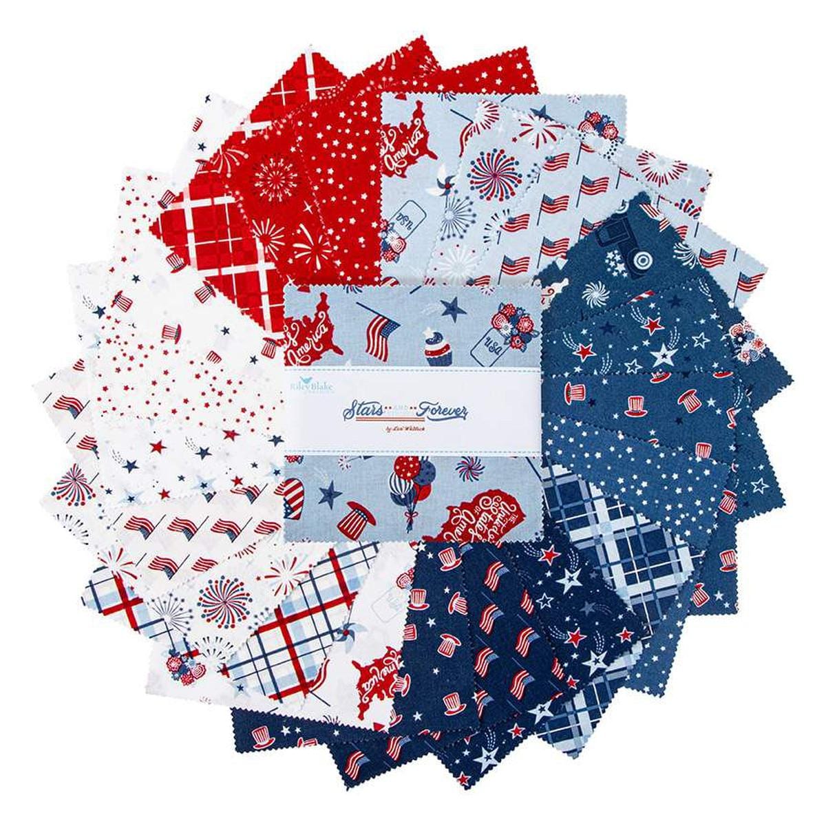 Image of the Stars and Stripes Forever 5 inch Stacker by Lori Whitlock for Riley Blake Designs. Features a patriotic themed precut. 
Cute Little Fabric Shop