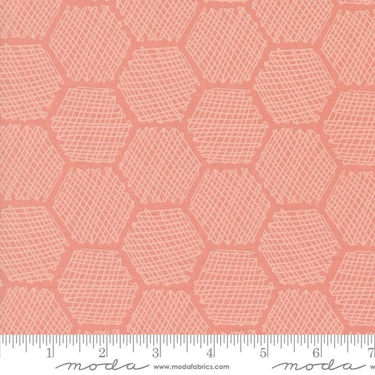 Image of the Bee Garden Honeycomb Carnation quilting cotton fabric by Gingiber for Riley Blake Designs. Features honeycomb on a pink background. Cute Little Fabric Shop