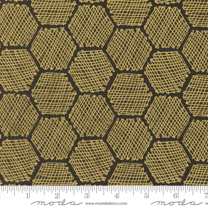Image of the Bee Garden Metallic Honeycomb Black quilting cotton fabric by Gingiber for Riley Blake Designs. Features honeycomb on a black background. Cute Little Fabric Shop