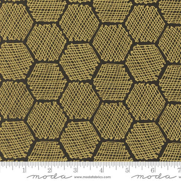 Image of the Bee Garden Metallic Honeycomb Black quilting cotton fabric by Gingiber for Riley Blake Designs. Features honeycomb on a black background. Cute Little Fabric Shop
