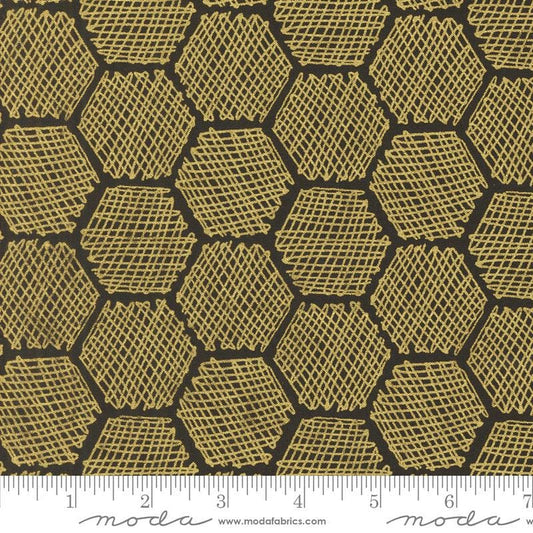 Image of the Bee Garden Metallic Honeycomb Black quilting cotton fabric by Gingiber for Riley Blake Designs. Features honeycomb on a black background. Cute Little Fabric Shop