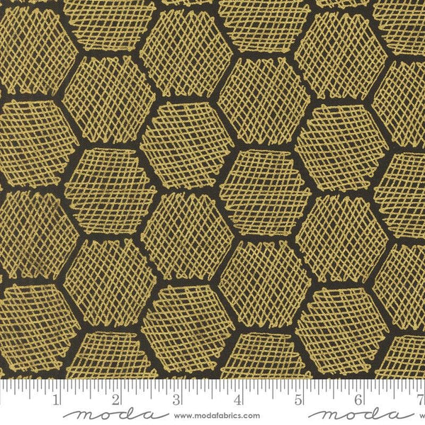 Image of the Bee Garden Metallic Honeycomb Black quilting cotton fabric by Gingiber for Riley Blake Designs. Features honeycomb on a black background. Cute Little Fabric Shop