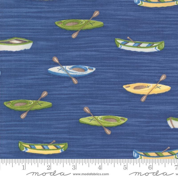 Image of the On Lake Time Canoes Deep Water quilting cotton fabric by Deb Strain for Moda Fabrics. Features canoes on a blue background. Cute Little Fabric Shop