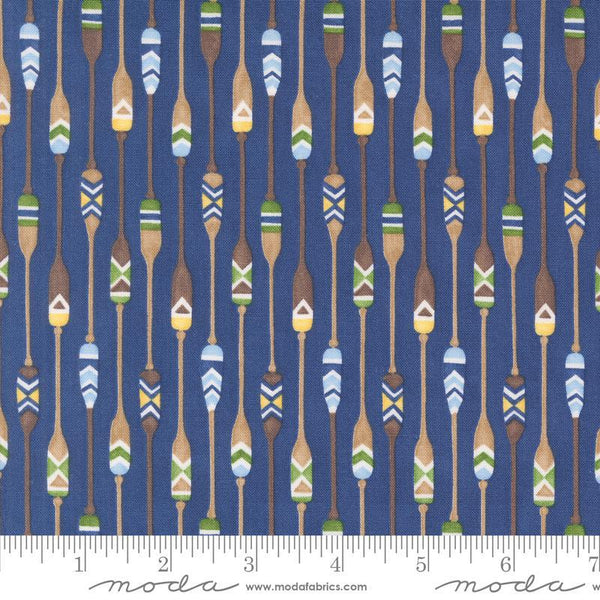 Image of the On Lake Time Paddles Deep Water quilting cotton fabric by Deb Strain for Moda Fabrics. Features paddles on a blue background. Cute Little Fabric Shop
