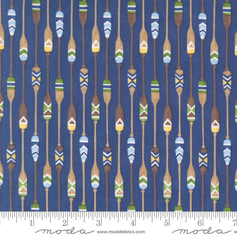 Image of the On Lake Time Paddles Deep Water quilting cotton fabric by Deb Strain for Moda Fabrics. Features paddles on a blue background. Cute Little Fabric Shop