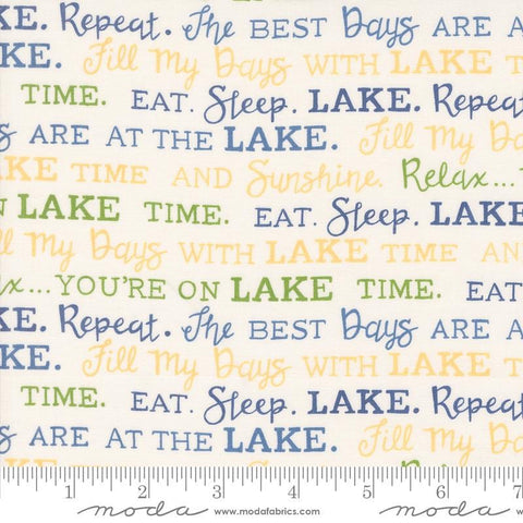 Image of the On Lake Time Words Cloud White quilting cotton fabric by Deb Strain for Moda Fabrics. Features words on a white background. Cute Little Fabric Shop