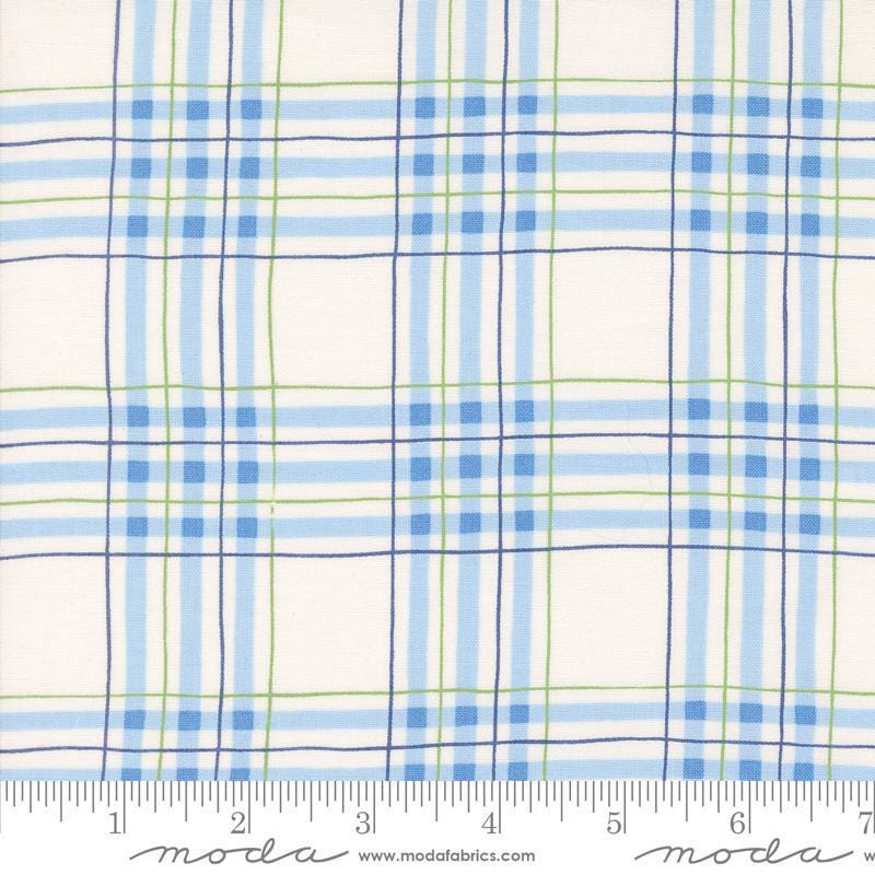 Image of the On Lake Time Plaid Cloud White quilting cotton fabric by Deb Strain for Moda Fabrics. Features a plaid pattern on a blue background. Cute Little Fabric Shop