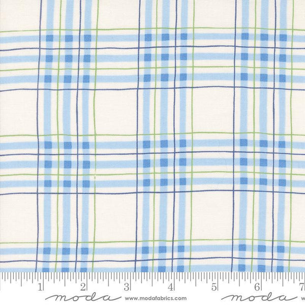 Image of the On Lake Time Plaid Cloud White quilting cotton fabric by Deb Strain for Moda Fabrics. Features a plaid pattern on a blue background. Cute Little Fabric Shop
