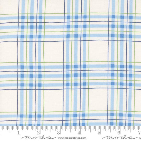 Image of the On Lake Time Plaid Cloud White quilting cotton fabric by Deb Strain for Moda Fabrics. Features a plaid pattern on a blue background. Cute Little Fabric Shop