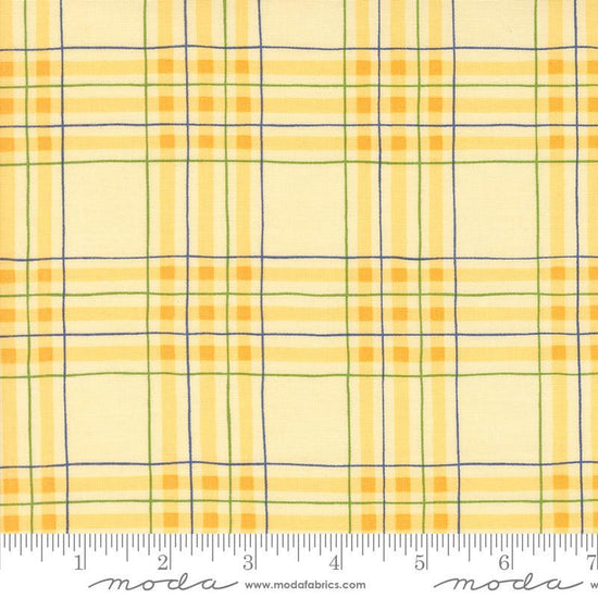 Image of the On Lake Time Plaid Daisy quilting cotton fabric by Deb Strain for Moda Fabrics. Features a plaid pattern on a yellow background. Cute Little Fabric Shop