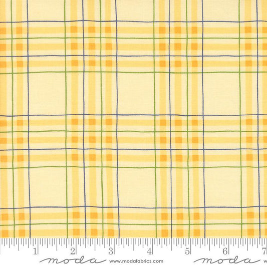 Image of the On Lake Time Plaid Daisy quilting cotton fabric by Deb Strain for Moda Fabrics. Features a plaid pattern on a yellow background. Cute Little Fabric Shop