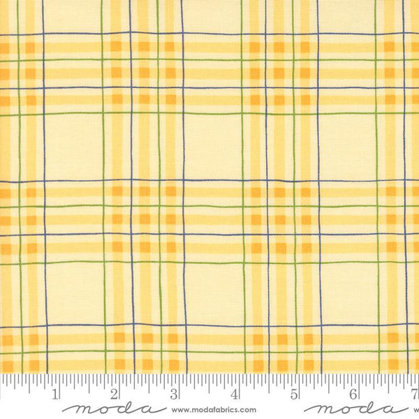 Image of the On Lake Time Plaid Daisy quilting cotton fabric by Deb Strain for Moda Fabrics. Features a plaid pattern on a yellow background. Cute Little Fabric Shop